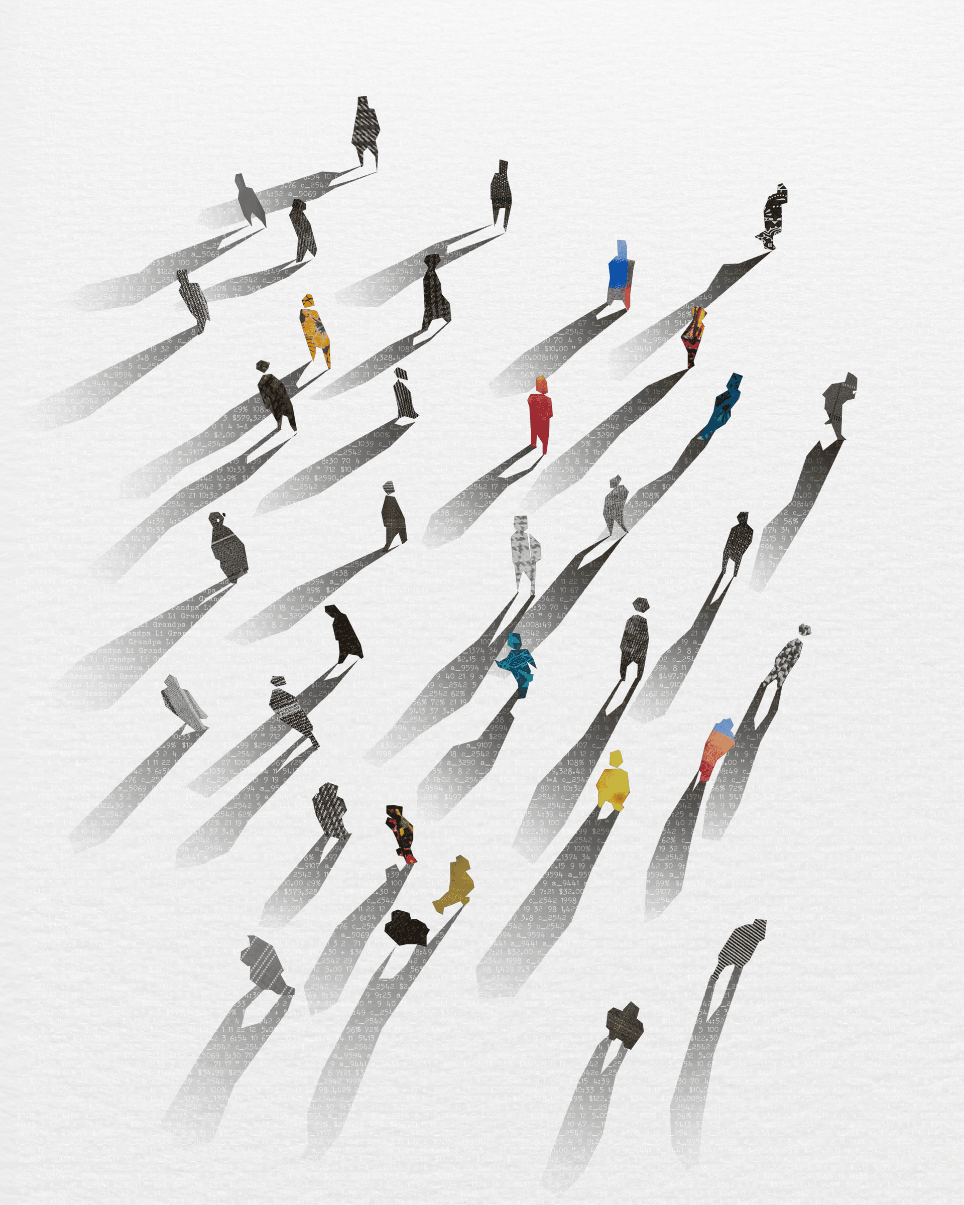 Illustration by Fionn Fanning: figures casting long shadows across a white expanse